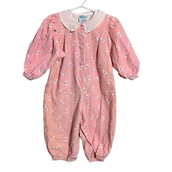 VTG 80s OshKosh Bubble Romper 12M Pink Corduroy Cat Print Peter Pan Collar - Picture 1 of 7
